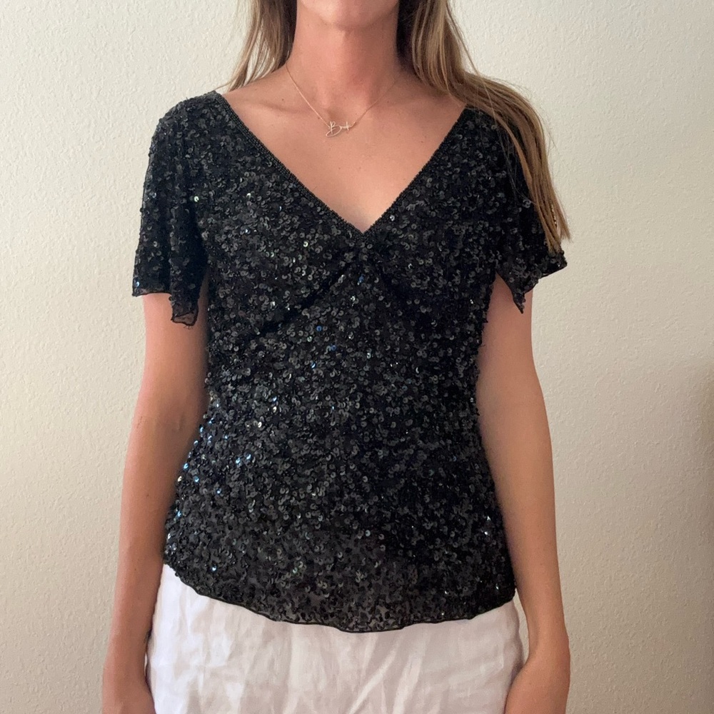 vintage black Sequin 100% silk Blouse size small: one of a kind